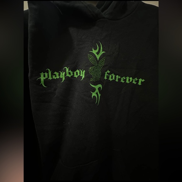 Playboy Black Distressed Hoodie with Green Rhinestone Logo - Picture 3 of 5